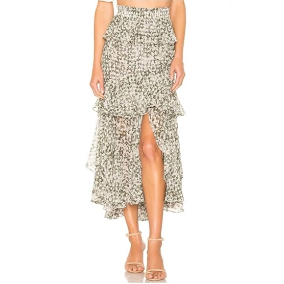 MISA LOS ANGELES gray green floral print JOSEVA TIERED RUFFLE MIDI SKIRT - Picture 1 of 12